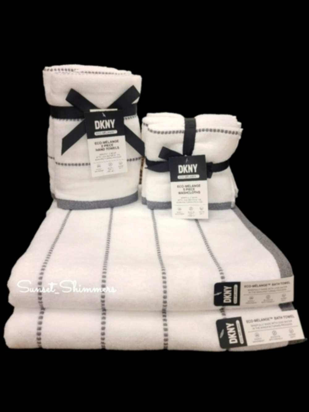 8pc DKNY White Dark Gray Dot Pin Stripe Bath / Hand / Washcloth Towel Set New